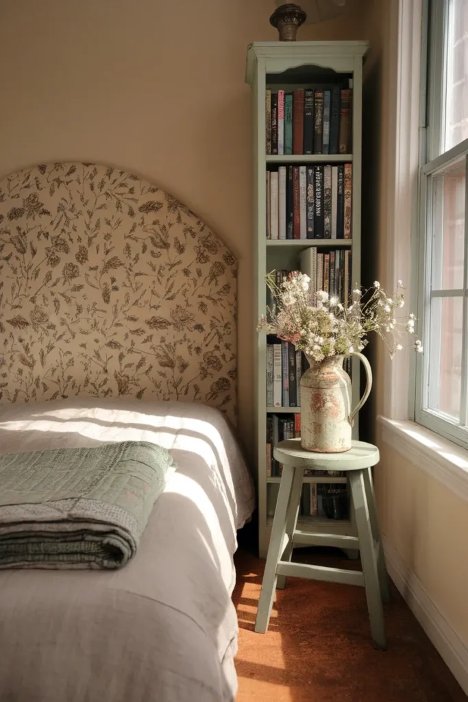 Small cottagecore aesthetic room with linen bed, faded quilt, wildflowers, and sage accents in afternoon light.