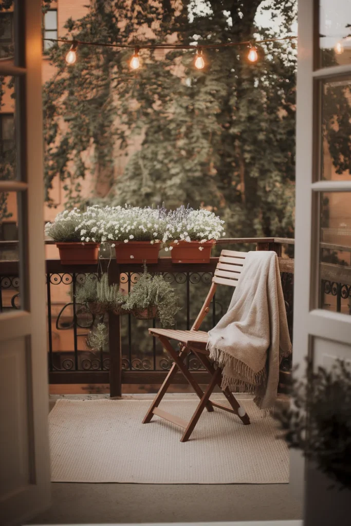 Small cottagecore balcony with terracotta rail planters, cream rug, and string lights at golden hour. Cottagecore Balcony Ideas