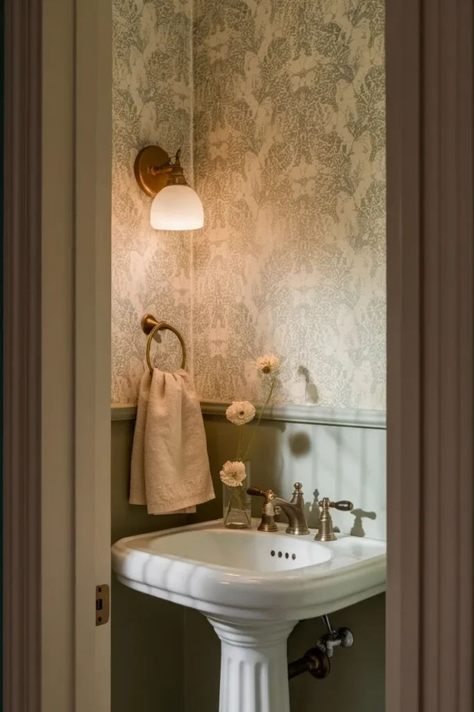 Small cottagecore bathroom with sage floral wallpaper, pedestal sink and brass sconce