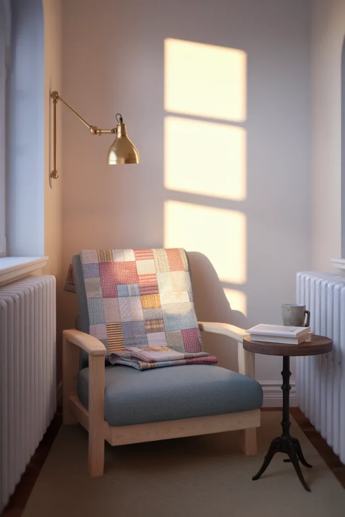 Small cottagecore reading nook with birch armchair, quilt, and brass swing-arm sconce.