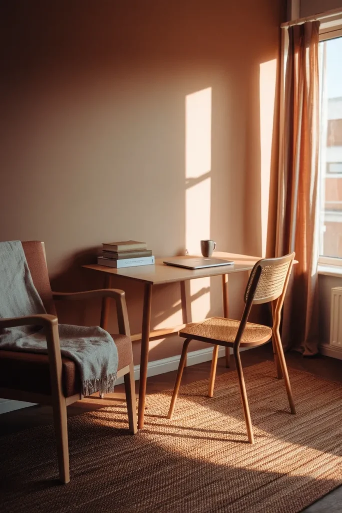 Small cozy home office corner with oak desk, linen throw, and jute rug in golden afternoon light.