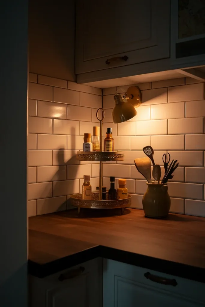 Small kitchen counter corner at night with a two tier riser under warm 2700K light.