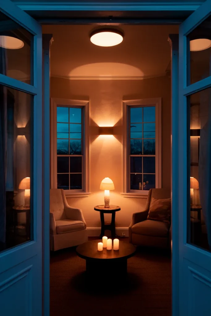 Small living room at dusk lit by a sconce, table lamp, and low candles.