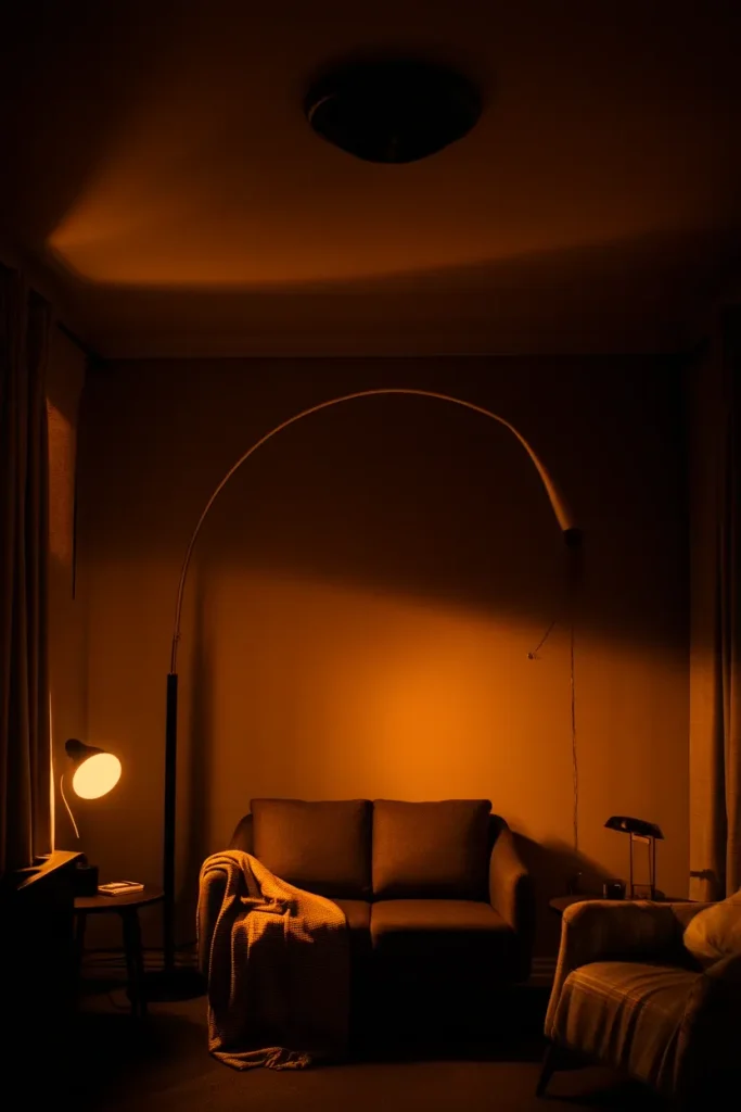 Small living room at night lit by three warm lamps at different heights instead of a ceiling light.