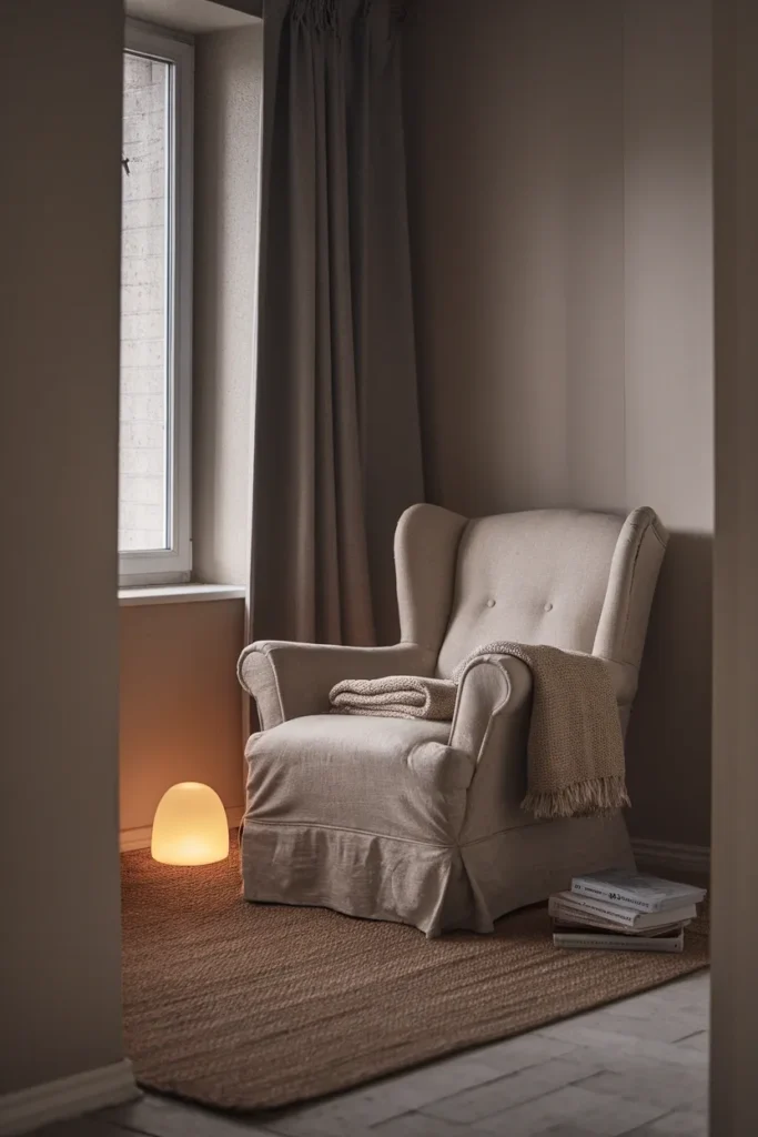 Small living room corner with linen armchair, wool throw and warm floor lamp on a gray winter afternoon.