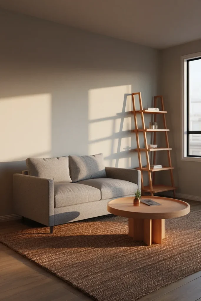 Small living room layout with a linen loveseat, round coffee table, and jute rug in afternoon light.