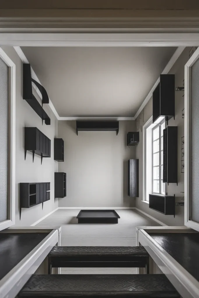 Small living room with all furniture pushed against the walls leaving an empty center.