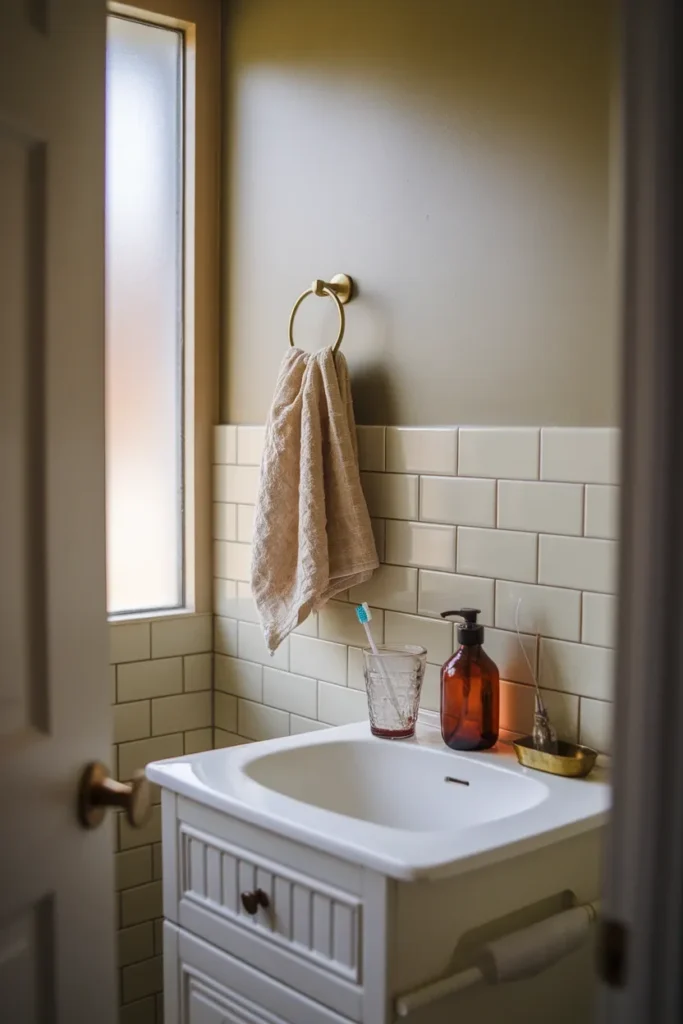 Small rental bathroom with vintage bathroom accessories in glass and brass on a white vanity.