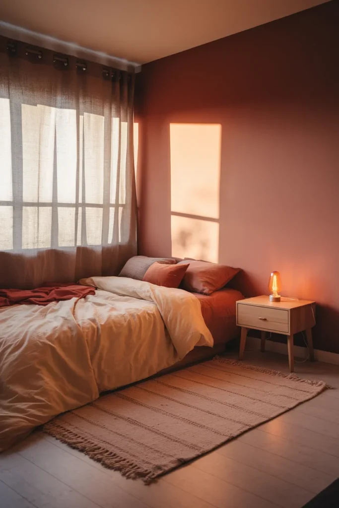 Small rental bedroom with layered rust bedding and warm lamplight in late autumn afternoon sun.