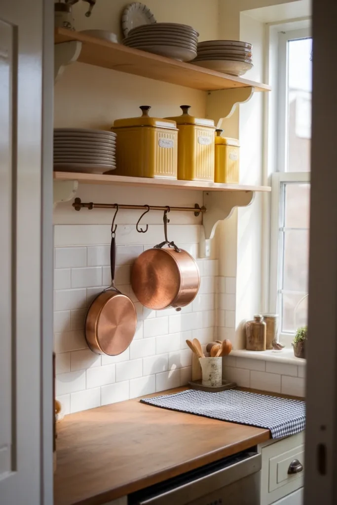 Small rental galley kitchen with Vintage Kitchen Decor, open shelf of cream plates and yellow tins.