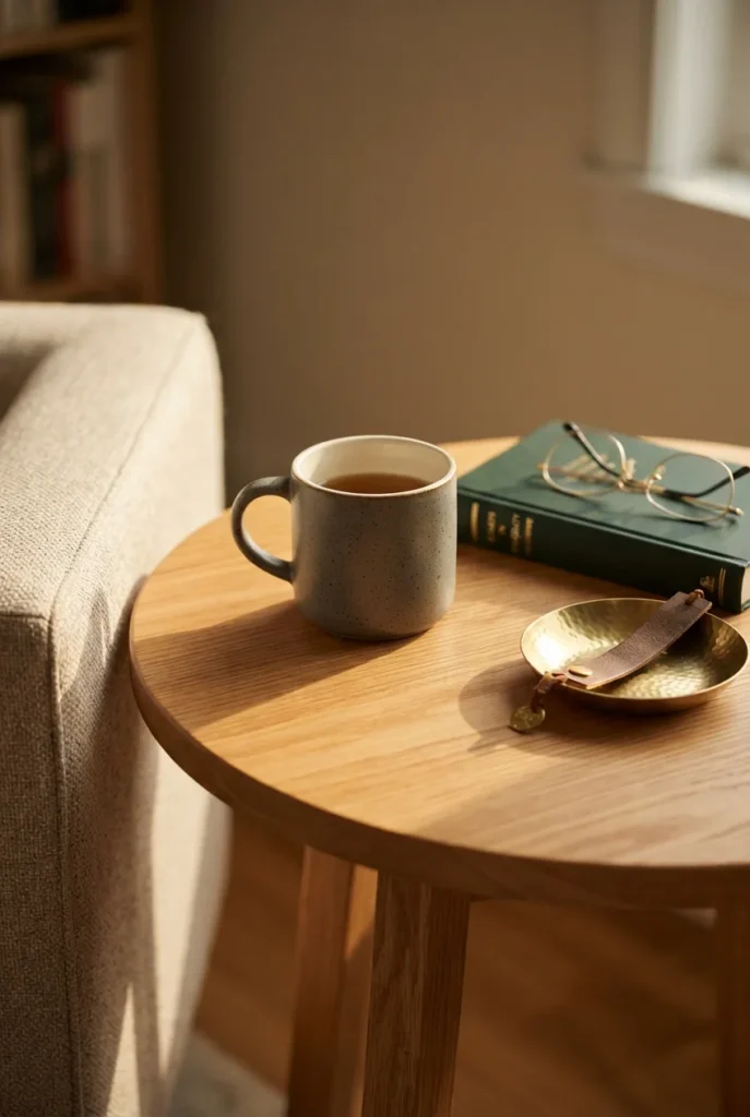 Small round oak side table with a tea mug, glasses and hardback beside a reading chair.