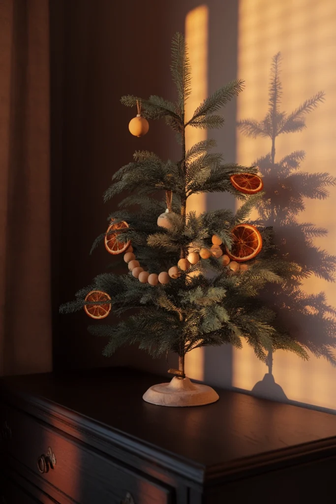 Small tabletop Christmas tree with dried oranges on a dresser in golden light.