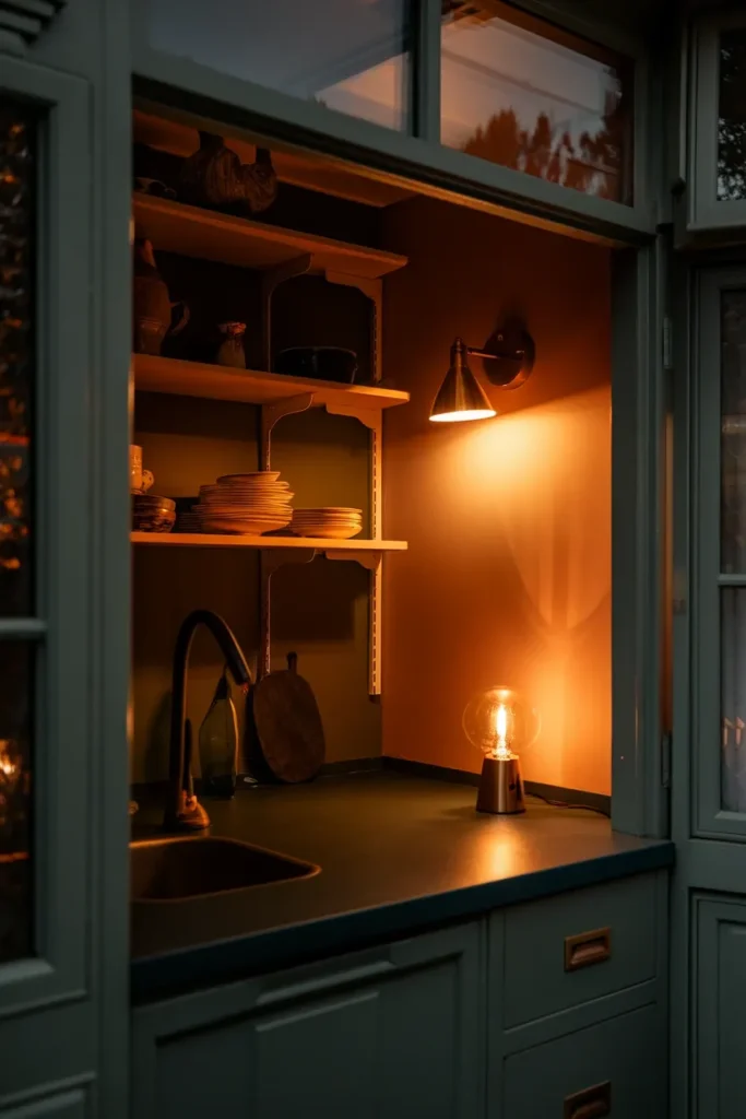Small vintage kitchen at night lit by a warm 2700K brass sconce and counter table lamp.