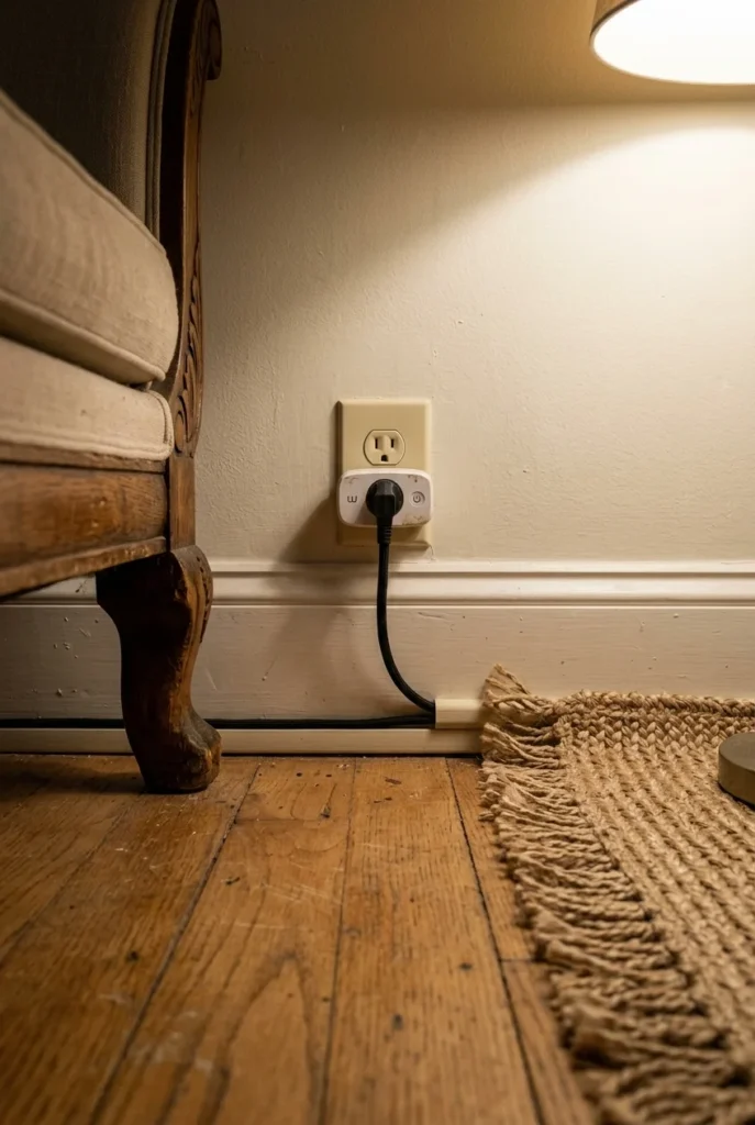 Smart plug and lamp cord routed neatly along a baseboard behind a sofa.