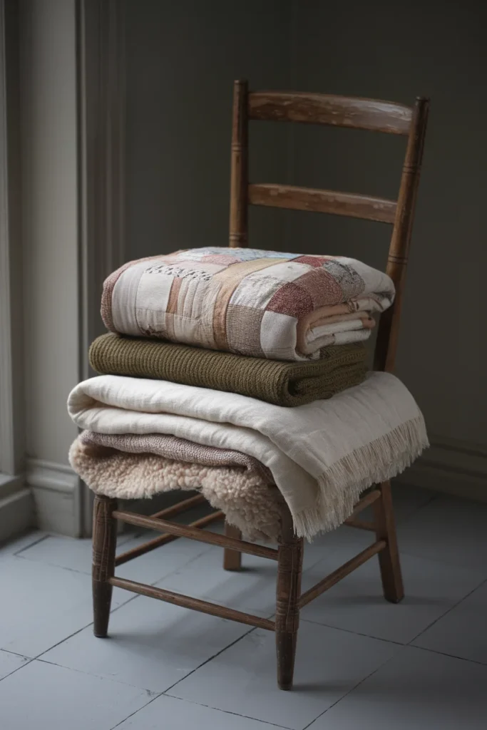 Stack of folded vintage quilt, wool blanket, and linen throw on a rush chair.