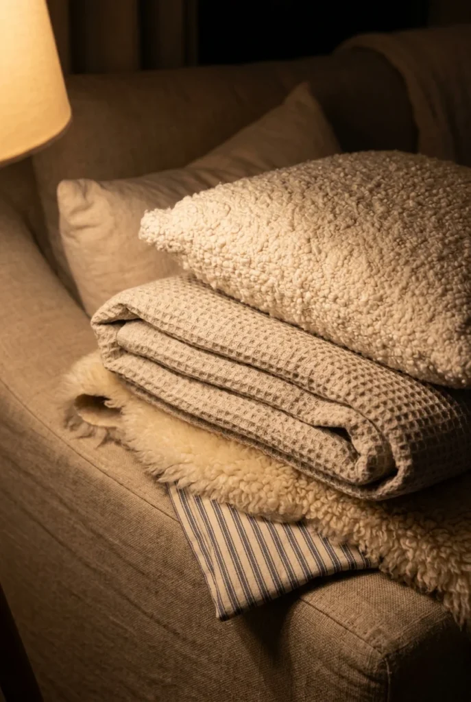 Stacked boucle cushion, waffle linen throw and sheepskin on a sofa arm in warm lamplight.