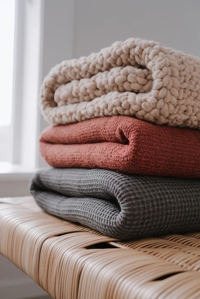 Stacked knit, boucle, and waffle throws showing fall living room decor textures up close.