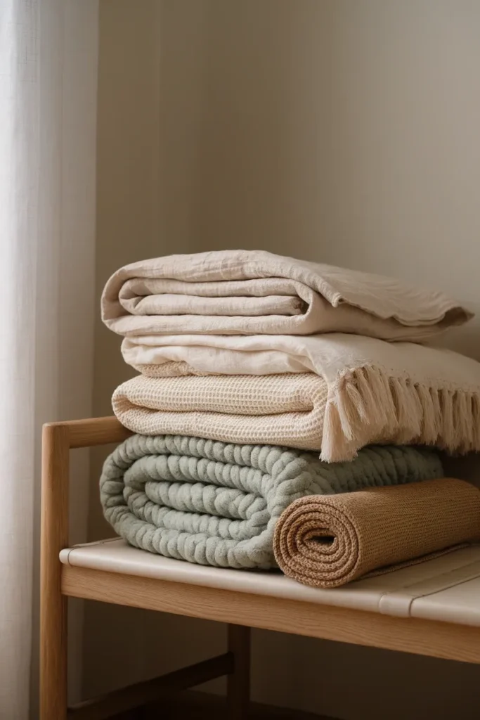 Stacked linen, waffle cotton, boucle, and jute textiles layered for cottagecore room texture.