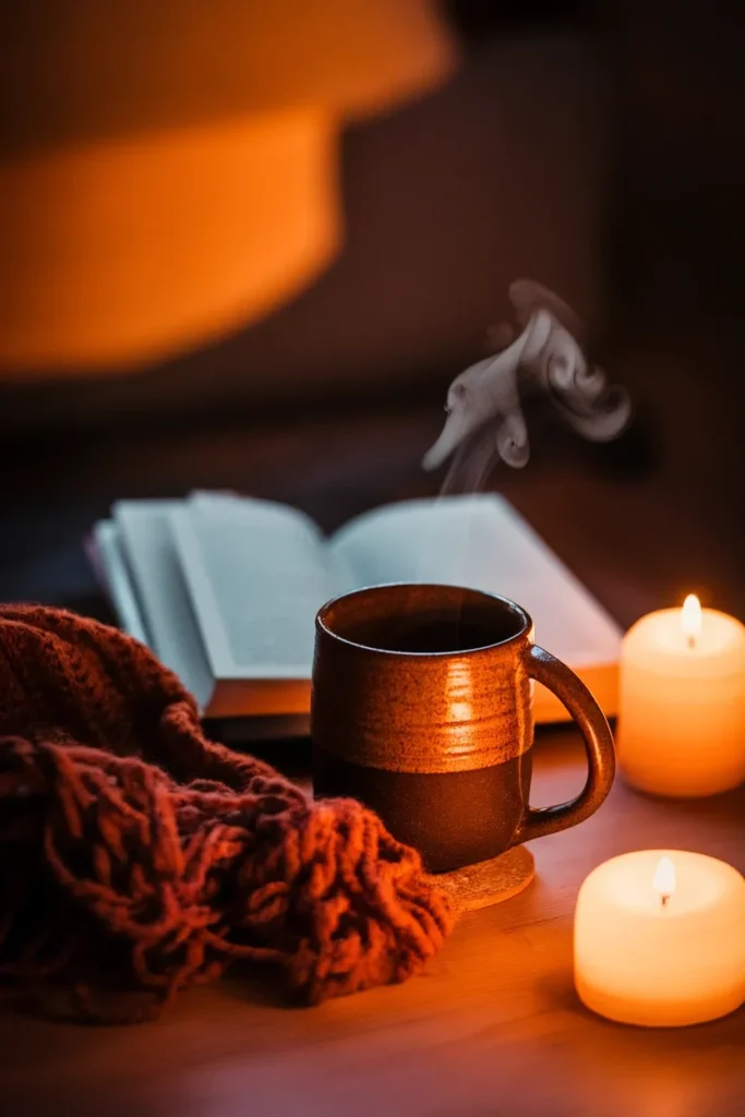 Steaming mug, open paperback, and beeswax candle in a warm-lit whimsical reading corner at dusk.