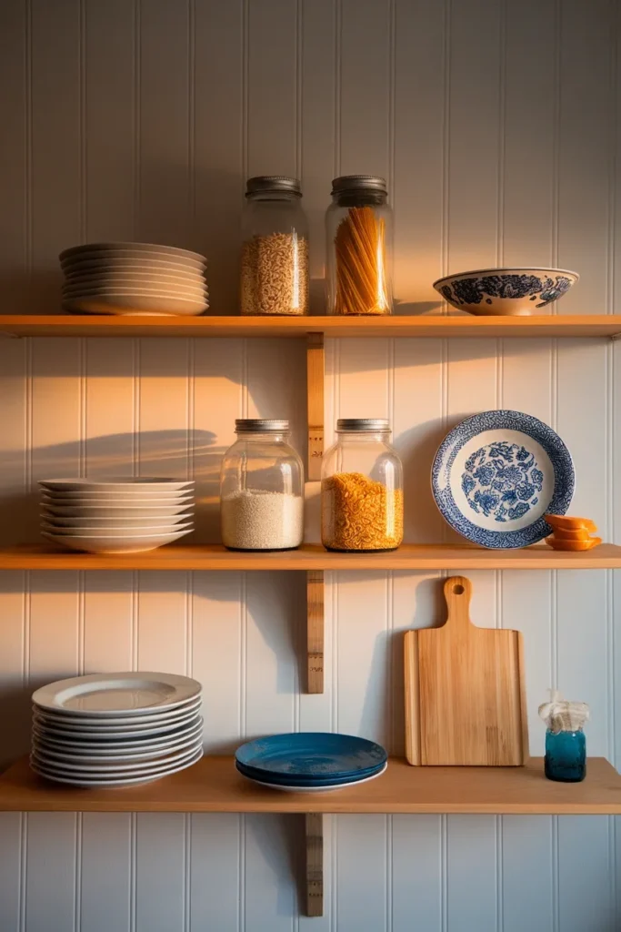 Styled cottage kitchen shelf with grouped plates, glass jars, transferware, and open negative space.