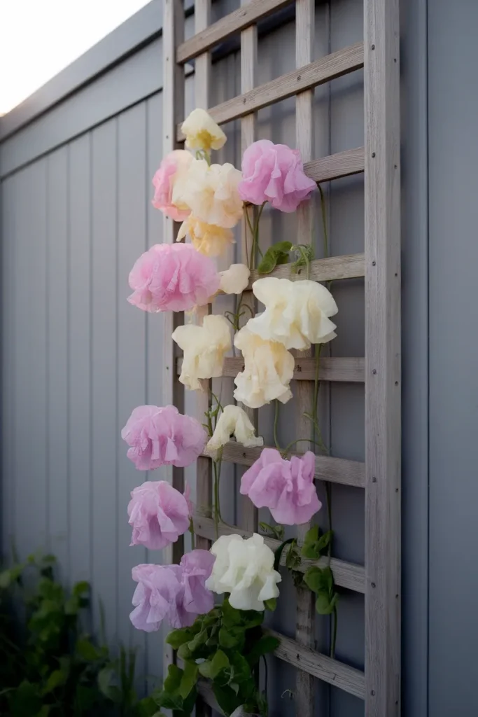 Sweet peas climbing a cedar lattice trellis on a narrow raised bed against a fence, backlit at sunrise.