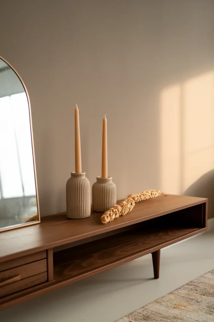 TV console styled like a fall mantel with an arched mirror, tapers and a wheat garland.