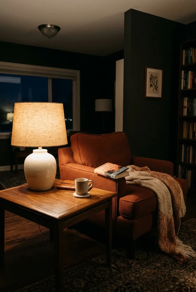 Table lamp beside an armchair at seated eye level for warm living room lighting.