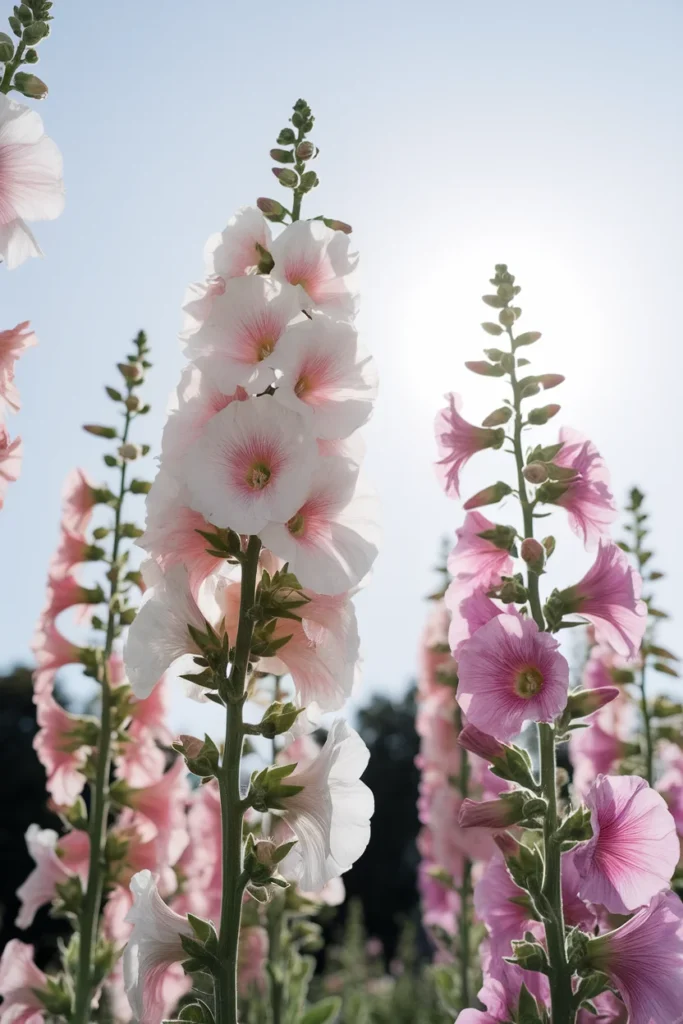 Tall cottage garden flowers, hollyhock spires photographed from below against bright summer sky.