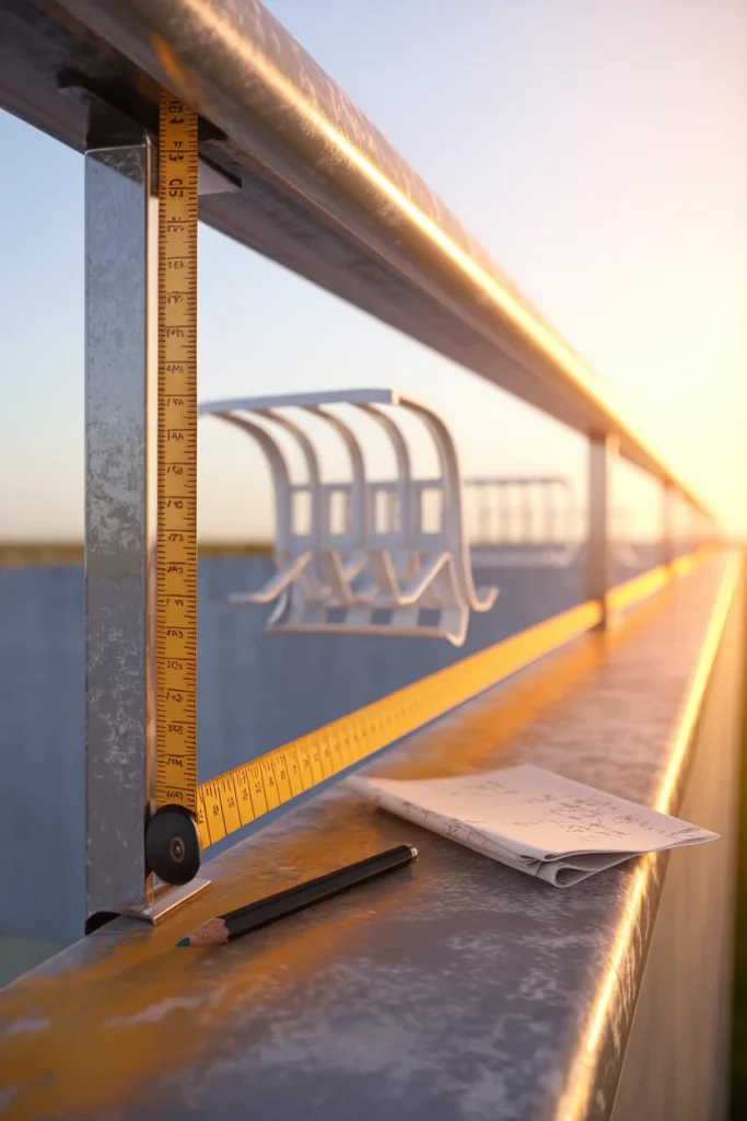 Tape measure across a balcony rail with a pencil and railing planter bracket at golden hour.