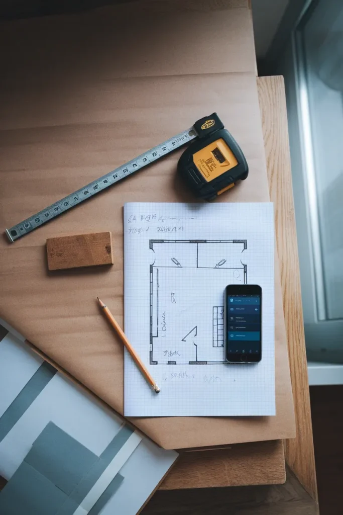 Tape measure and hand-drawn floor plan on wood floor showing a 24 inch bedroom walkway.