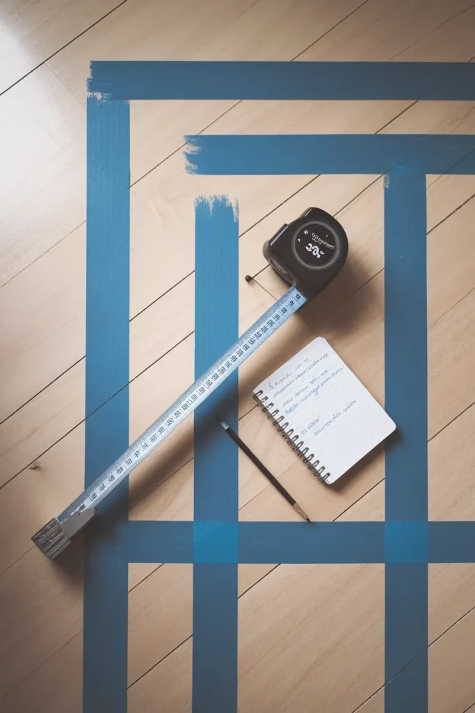Tape measure and painter's tape marking a sofa footprint on a floor before buying furniture.