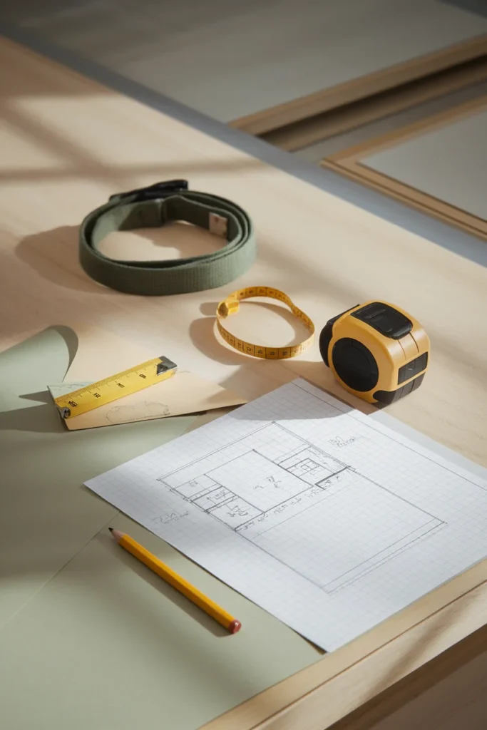 Tape measure open to 24 inches on a wood floor beside a hand drawn small apartment layout sketch.