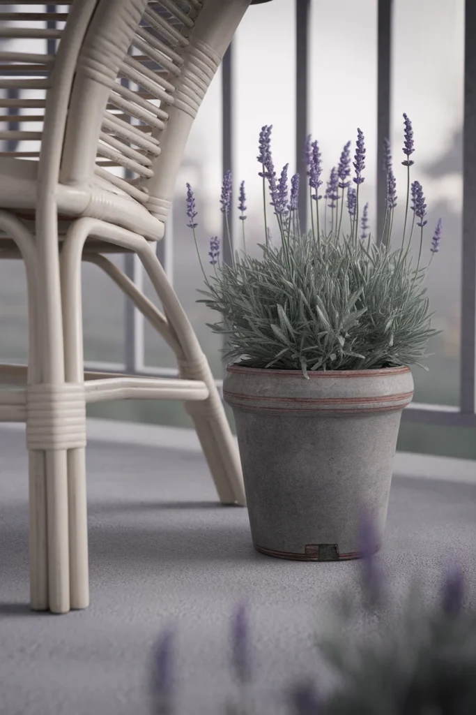 Terracotta pot of English lavender beside a rattan chair leg on a concrete balcony in morning light.