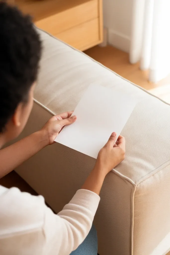 Testing sofa undertone by holding white printer paper against oatmeal linen upholstery.