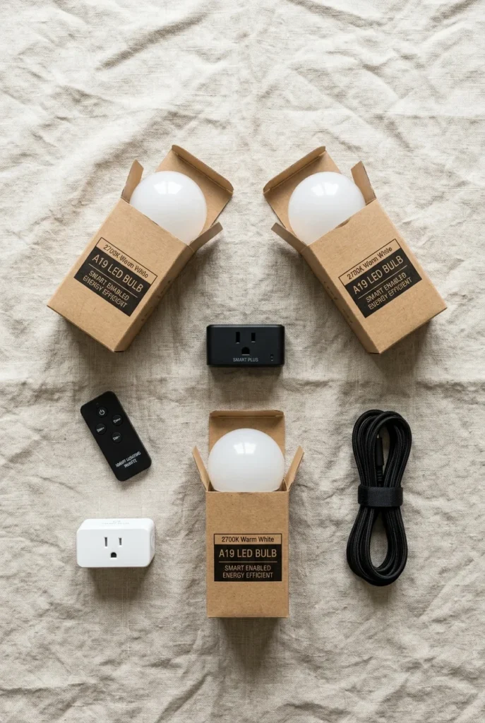 Three 2700K LED bulbs, a smart plug and a remote laid out for a living room lighting swap.