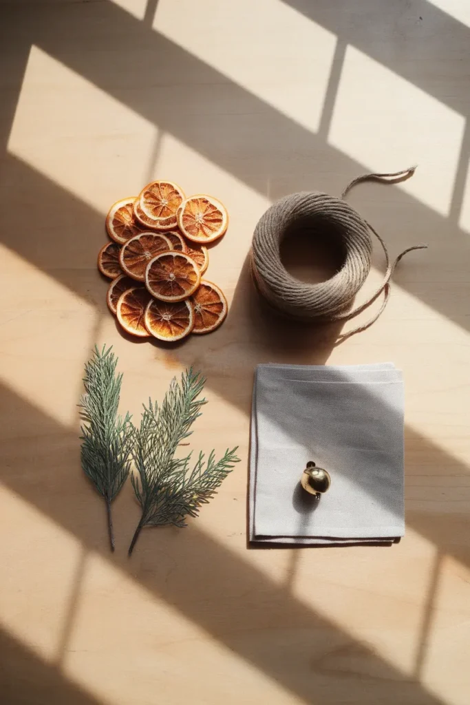 Three core cottagecore christmas materials dried orange slices, jute twine, and cedar sprigs.