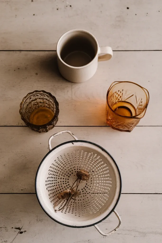 Three cottagecore decor objects from different decades arranged on a pine table, viewed from above.