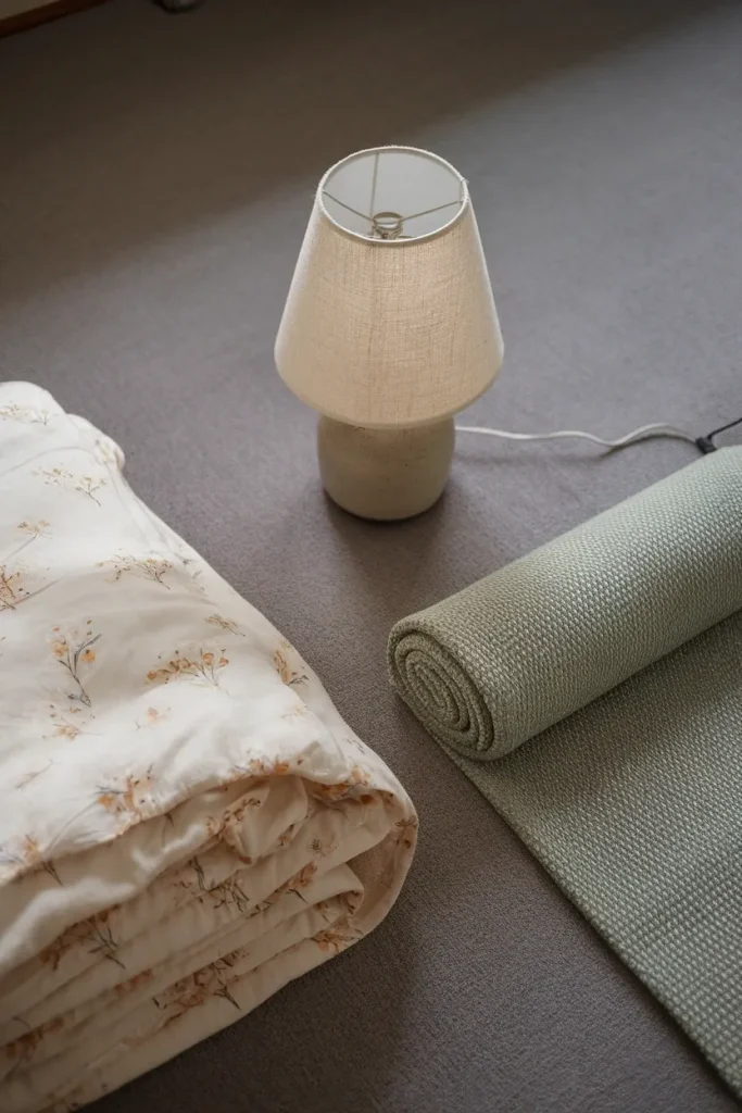 Three cottagecore dorm essentials laid out on carpet floral duvet, warm lamp, and jute runner.