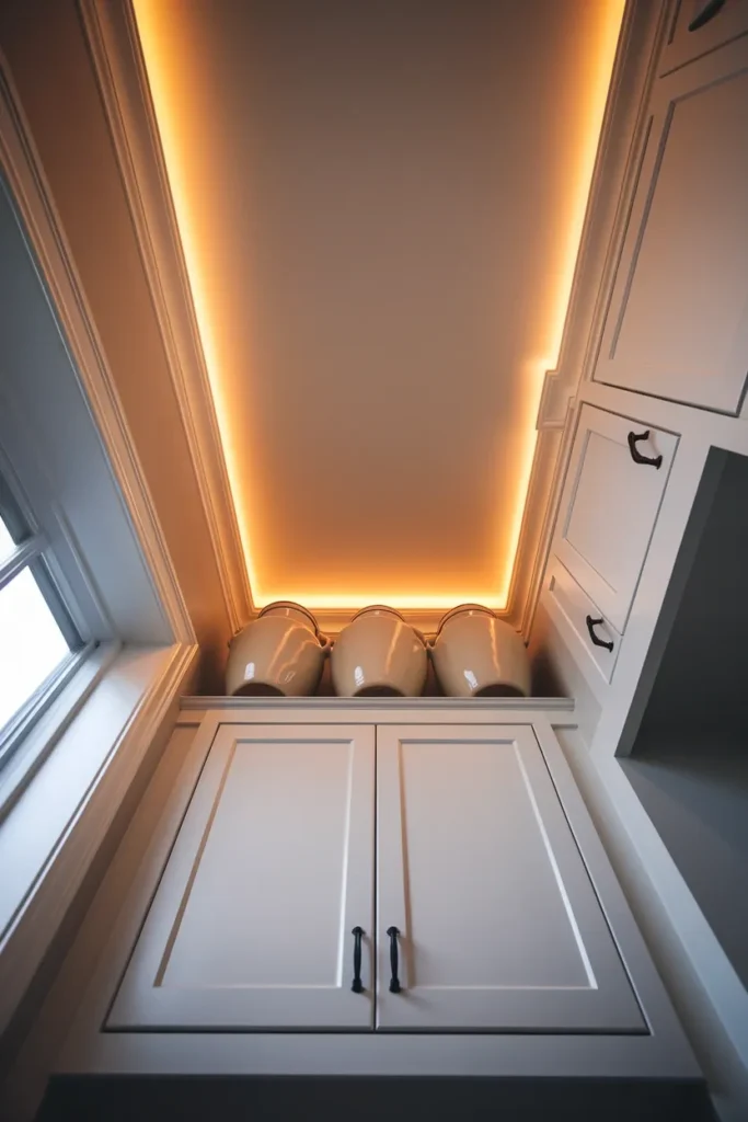 Three cream stoneware crocks above white shaker kitchen cabinets with warm LED uplighting.