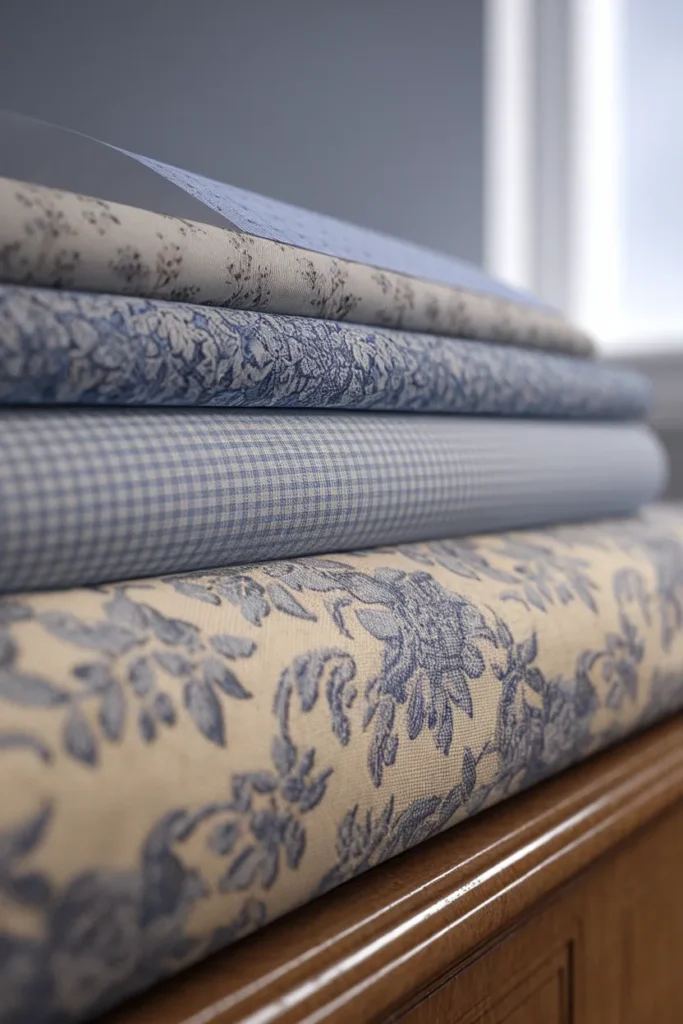Three fabric scales layered for pattern mixing large chintz floral, gingham check, tiny ditsy print.