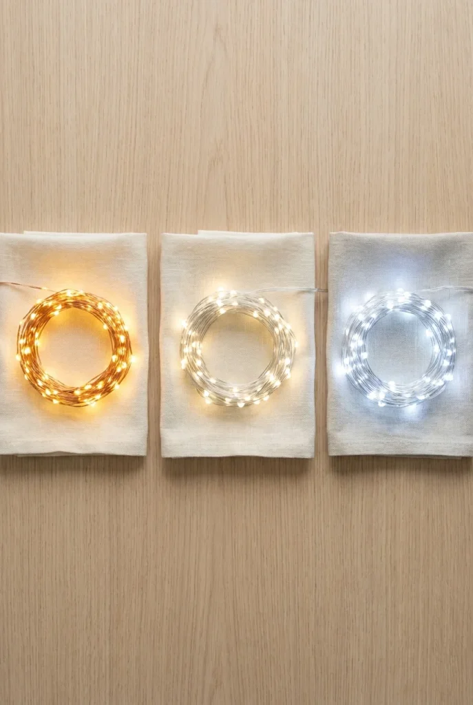 Three fairy light strings compared overhead showing warm white versus cool white color temperature on linen.