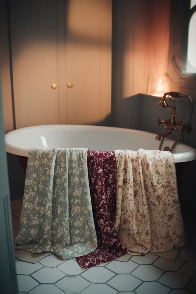 Three floral fabric options draped on a tub edge comparing sage, oxblood and chintz palettes