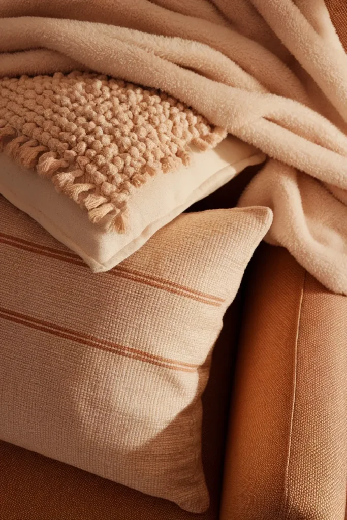 Three layered textures on a chair arm woven linen, boucle cushion, and sherpa throw in warm light.