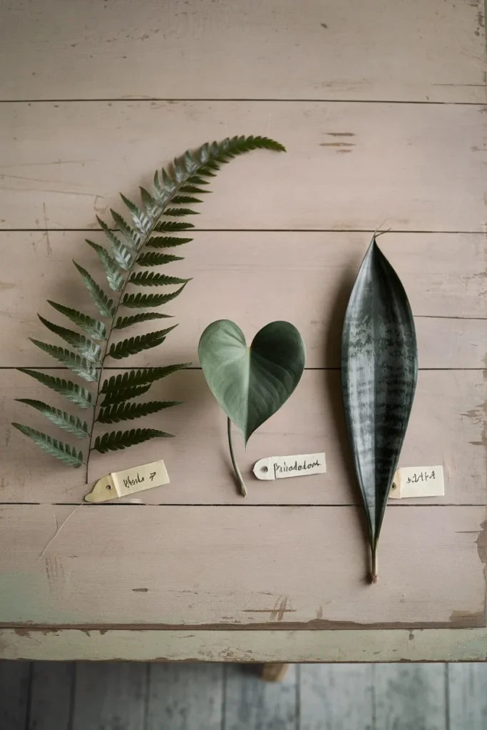 Three leaves compared side by side showing matte versus glossy texture for choosing cottage bathroom plants.