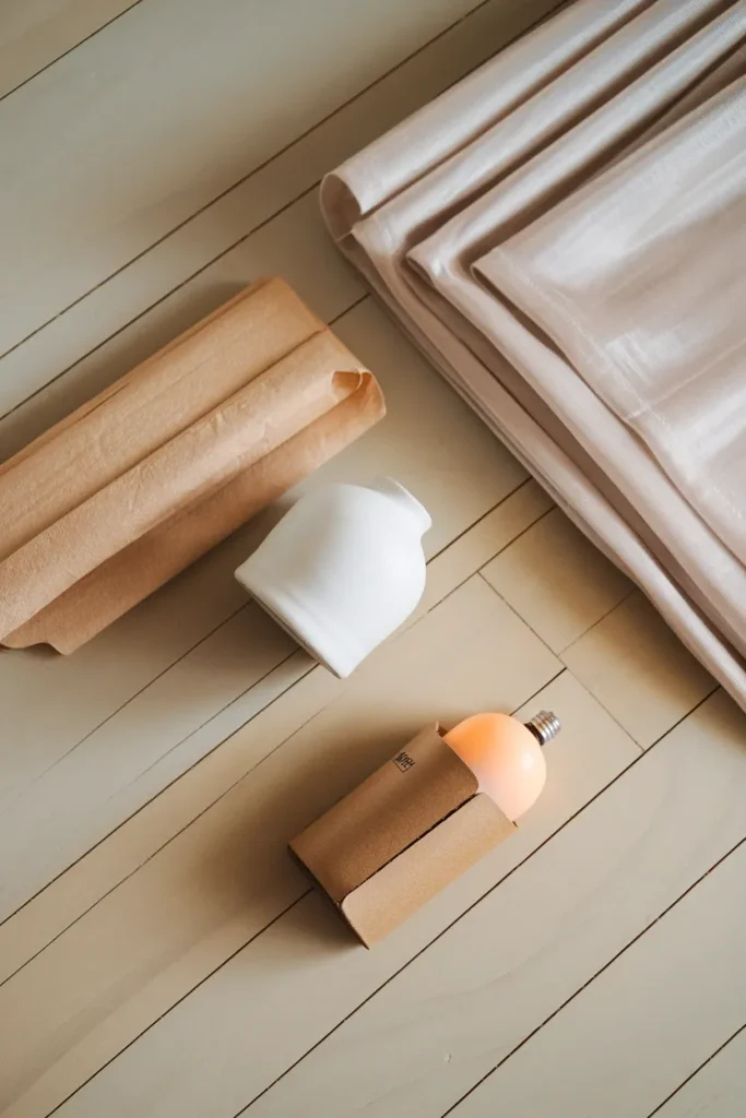 Three spring cottagecore essentials laid out sheer curtain, ceramic vase, and warm LED bulb.