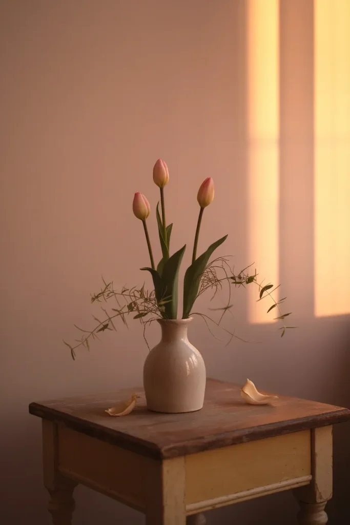 Three tall tulip stems staggered in a white ceramic vase on an oak side table at golden hour.