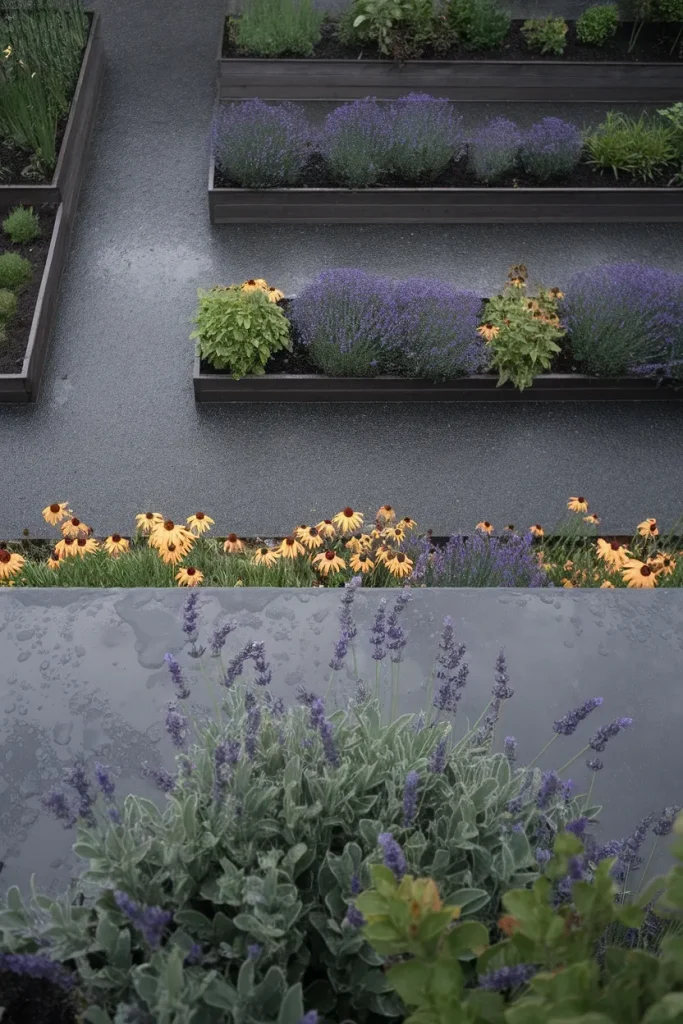 Three terraced raised garden beds stepping down a slope with lavender and coneflower after rain.