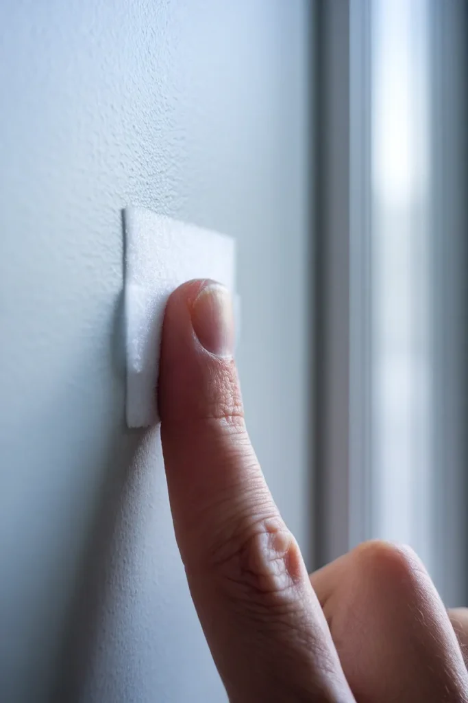 Thumb pressing an adhesive hanging strip onto a wall for damage free renter mounting.