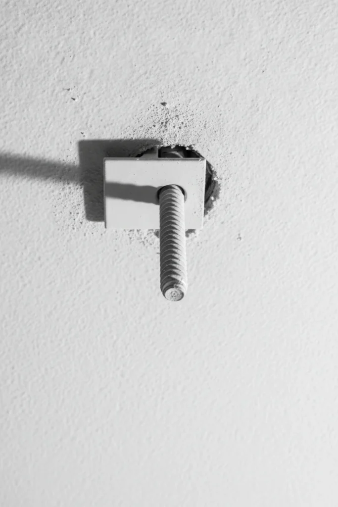 Toggle bolt anchor and rail bracket installed in a drywall ceiling for a bed canopy.