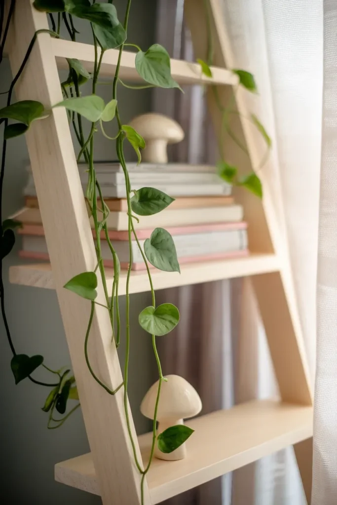 Trailing pothos vines spilling over a ladder shelf beside books in a fairycore corner.